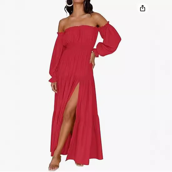 One piece collar exposed shoulder lotus leaf edge long sleeved high slit dress