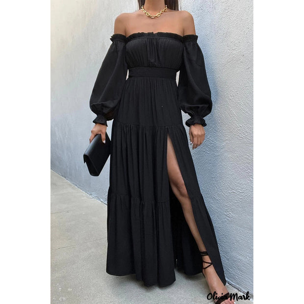 One piece collar exposed shoulder lotus leaf edge long sleeved high slit dress