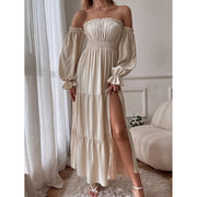 One piece collar exposed shoulder lotus leaf edge long sleeved high slit dress