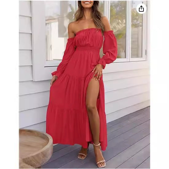 One piece collar exposed shoulder lotus leaf edge long sleeved high slit dress