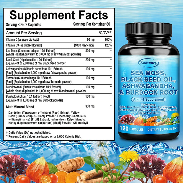 Sea Moss, Black Seed Oil, Ashwagandha & Burdock Root - Provide Energy and Enhance Immunity - Zayvia Beauty