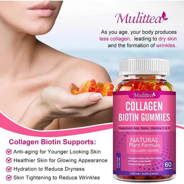 Mulittea Collagen Gummies with Biotin for Hair Growth Skin Care Brighten Skin & Skin Hydrolyzed Helps Nail Bone Joint - Zayvia Beauty